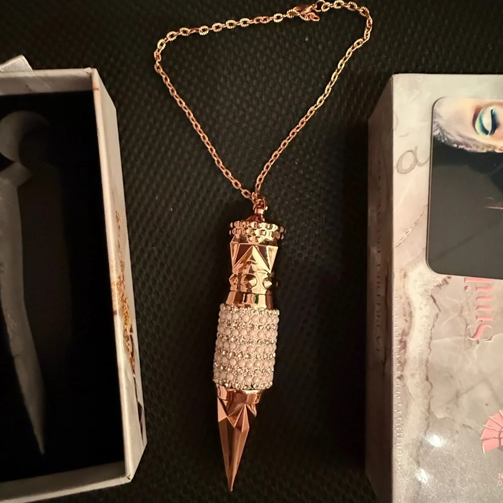Bougie red matte lipstick rose gold case w pearls and rhinestones & chain